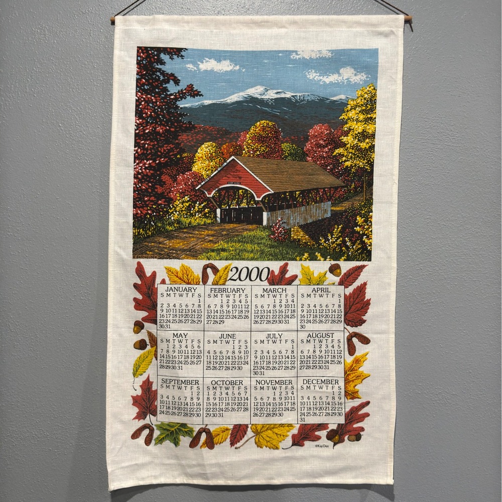 Vintage Kay Dee 2000 Calendar Linen Tea Towel Covered Bridge Wall Hanging 17x27